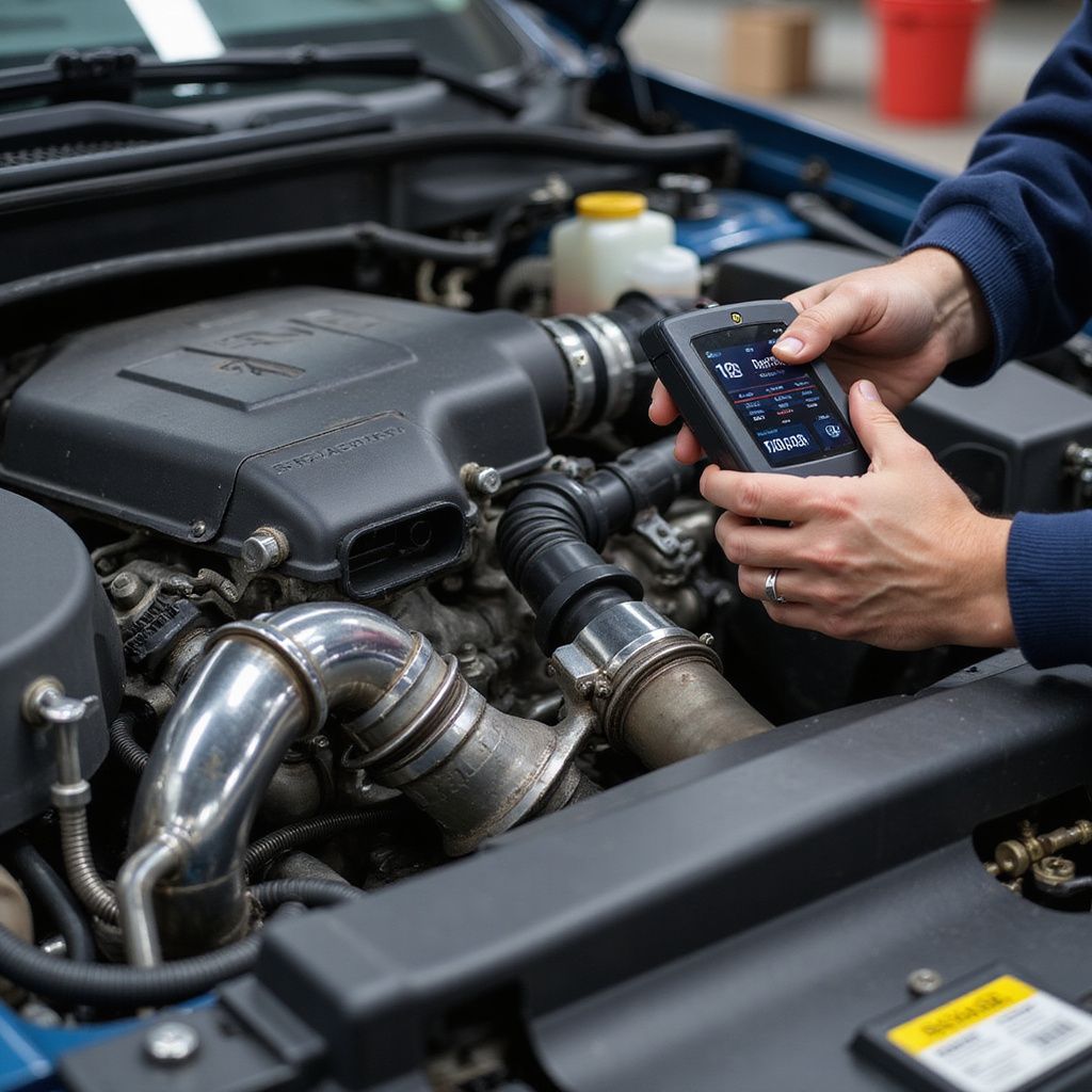 Person using a diagnostic tool on a car engine, checking performance.