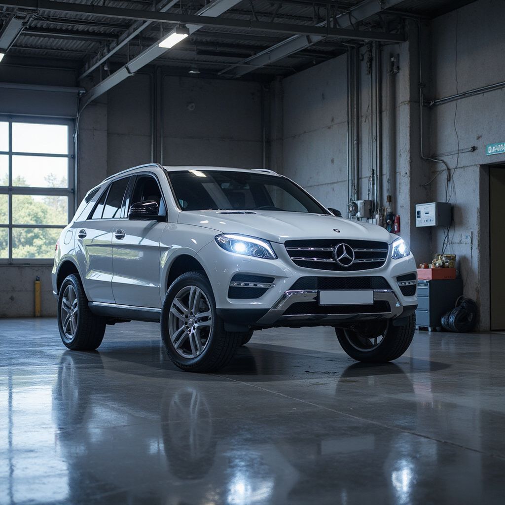 White Mercedes SUV parked in a garage with concrete walls and floor; natural light from a window.