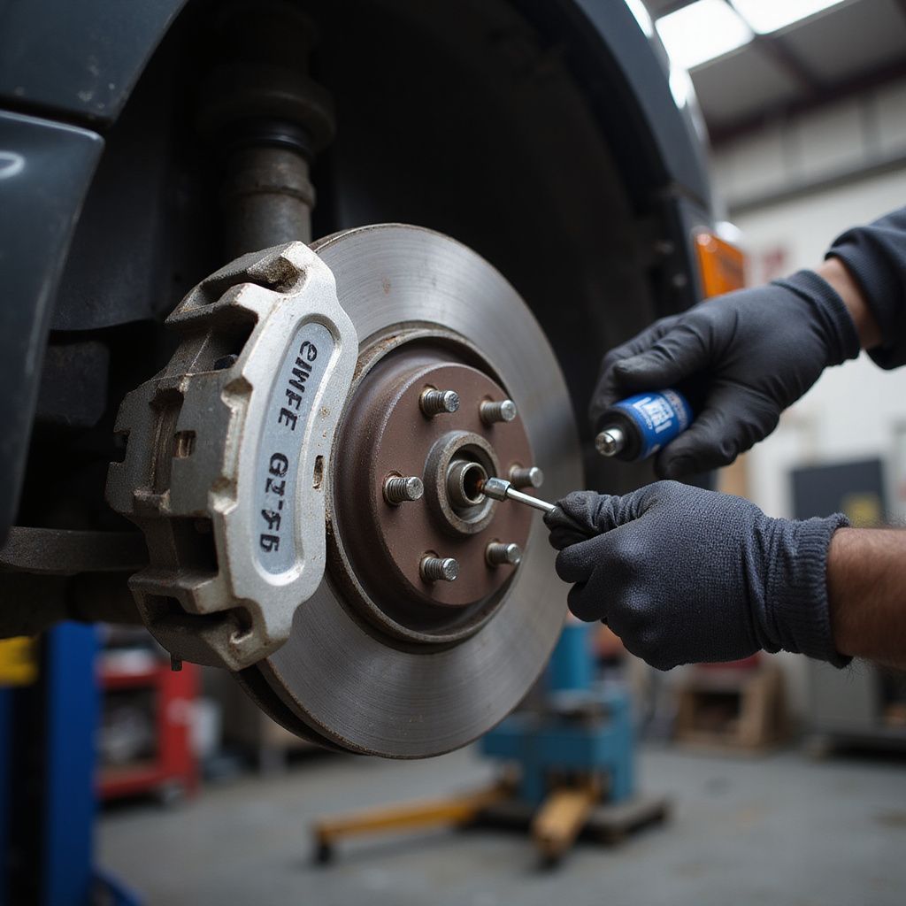 Mechanic servicing car brake disc. Person in black gloves using tool and lubricant.