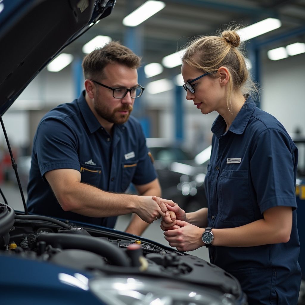 Two mechanics examining a car engine in a repair shop.