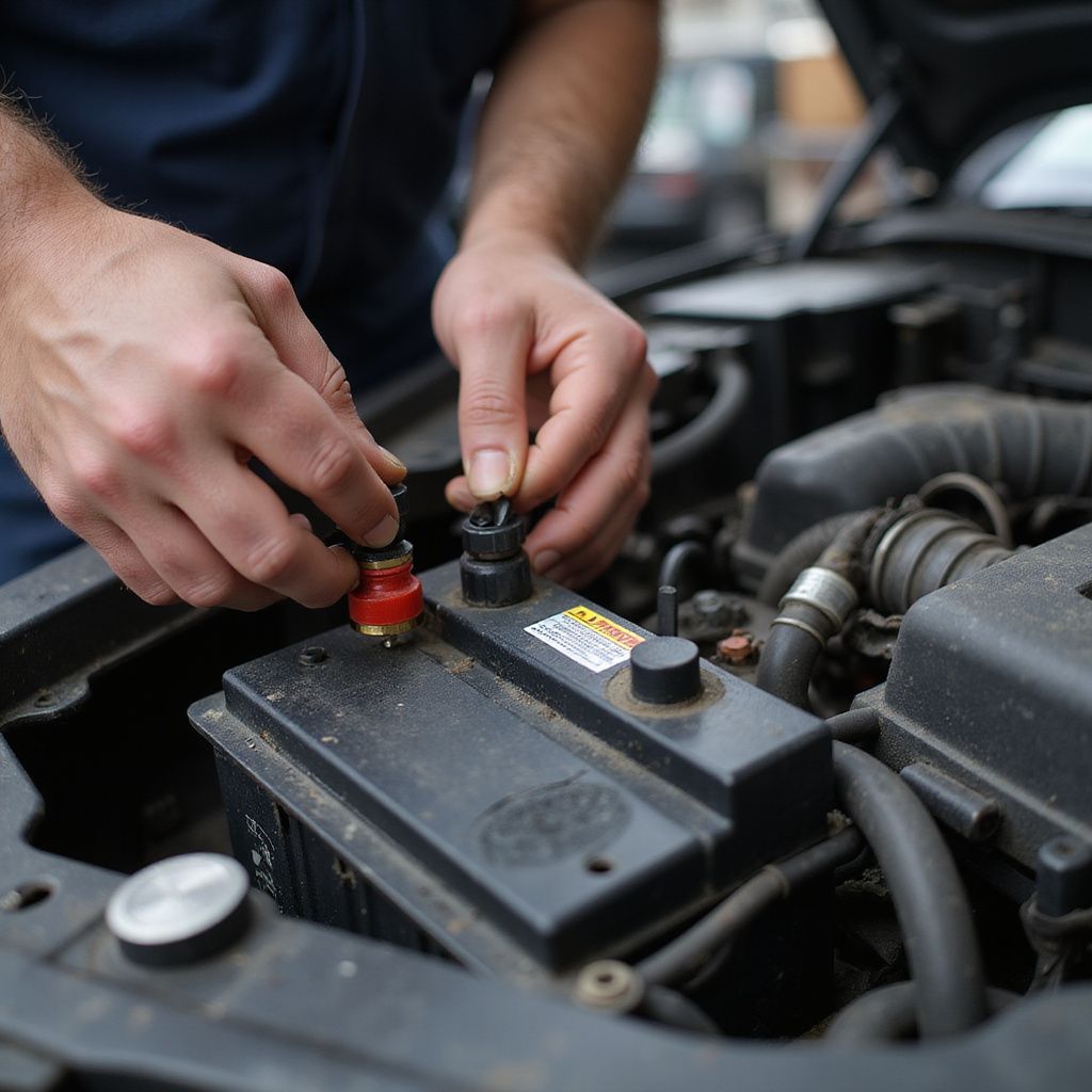 Hands connecting terminals to a car battery in an engine bay.