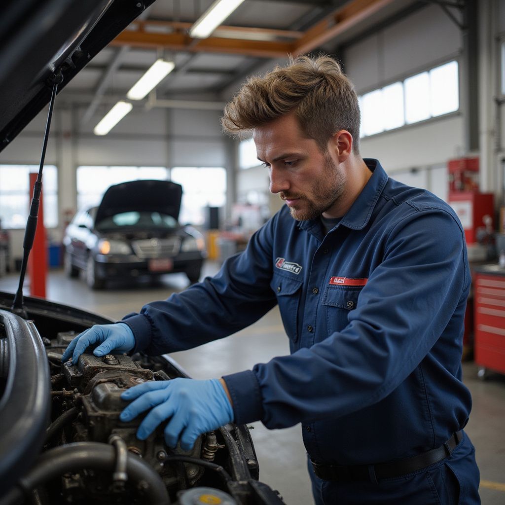Mechanic in blue uniform inspects engine in a shop, wearing gloves, with car in the background.
