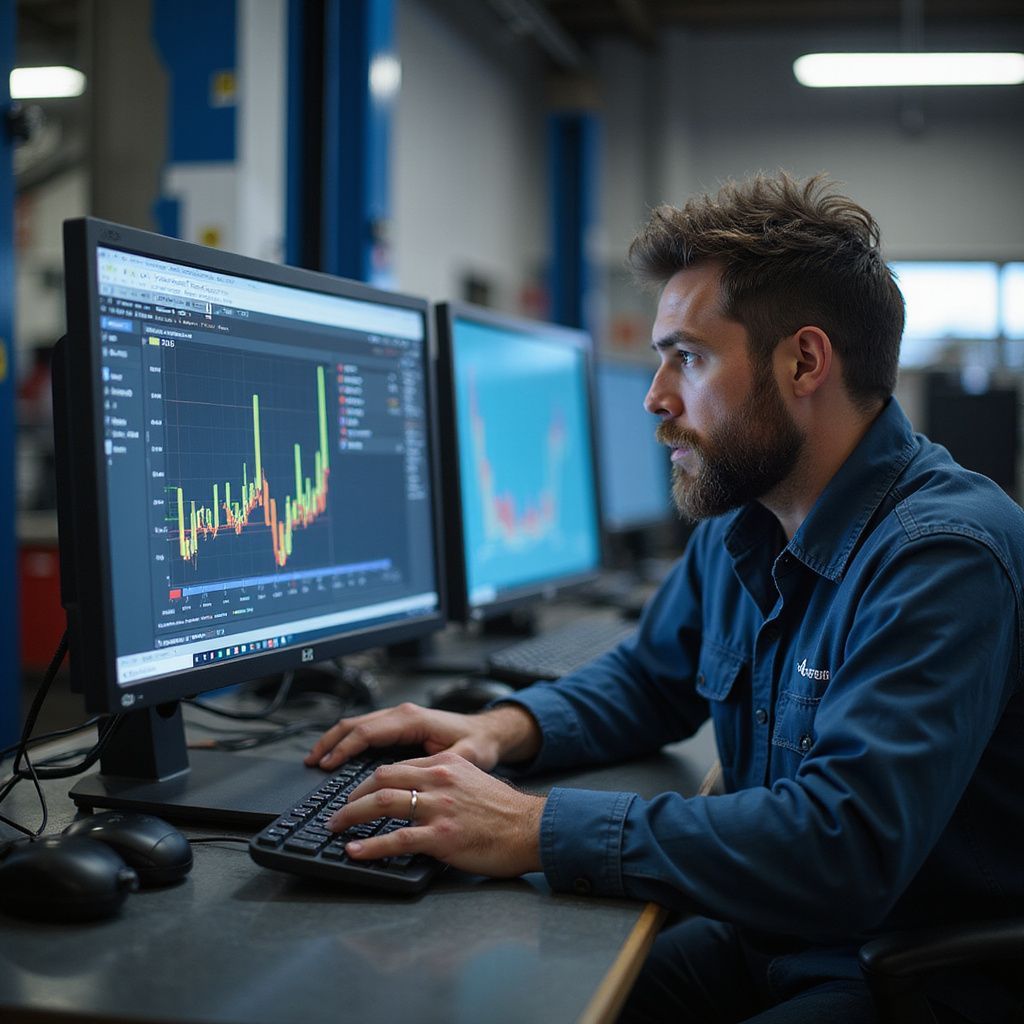 Man using a computer, analyzing data charts. He is in a workshop, looking focused.