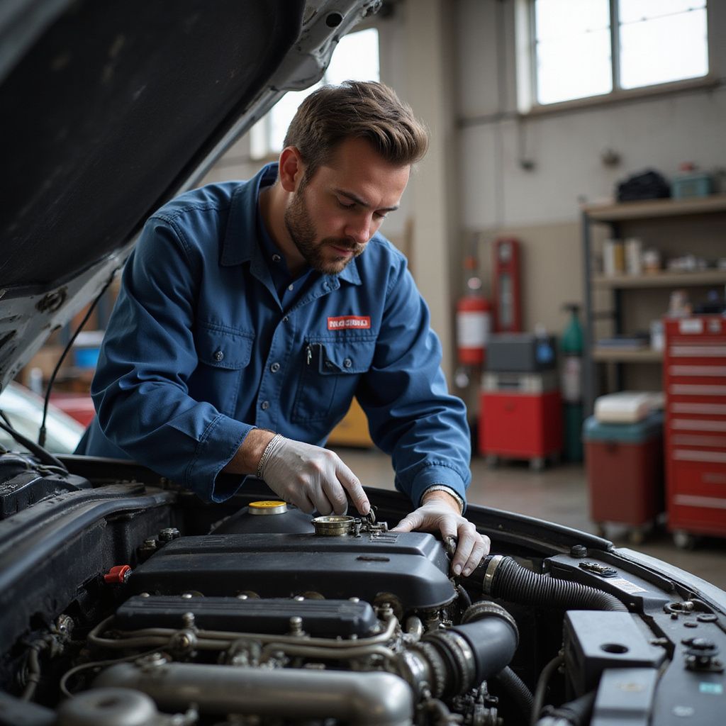 Mechanic in blue uniform working on a car engine in a garage; wearing gloves.