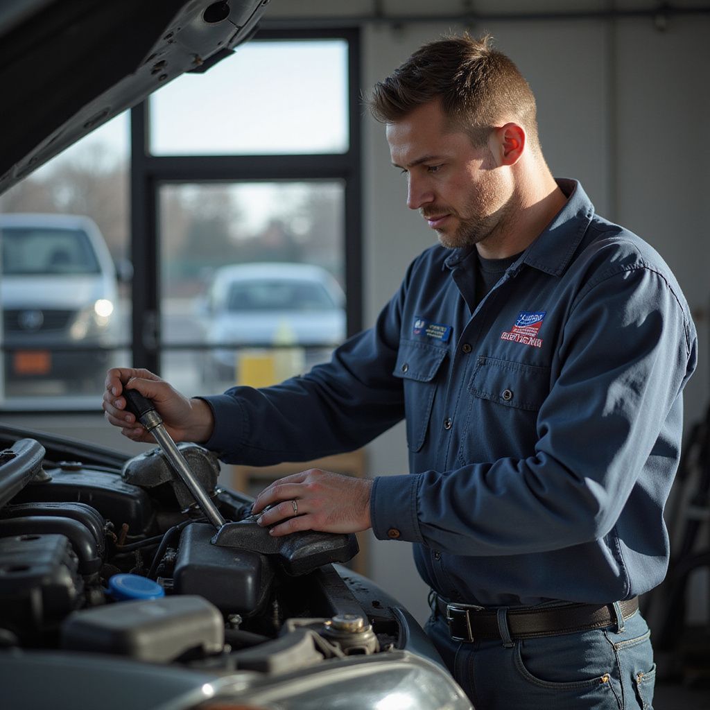 Mechanic in blue shirt working on car engine, using a wrench. Indoors, shop setting.
