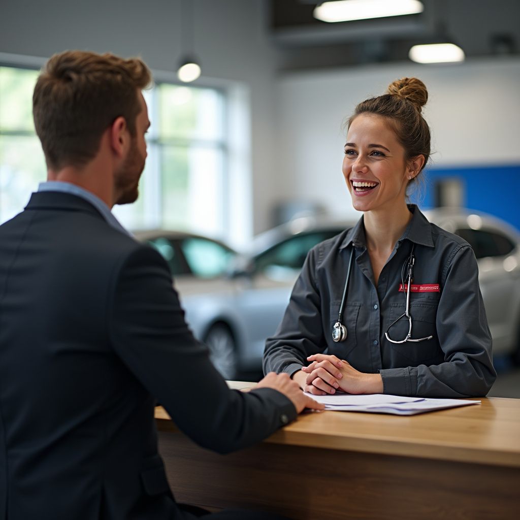 Woman with stethoscope smiles at a man, both at a desk. Cars in background.