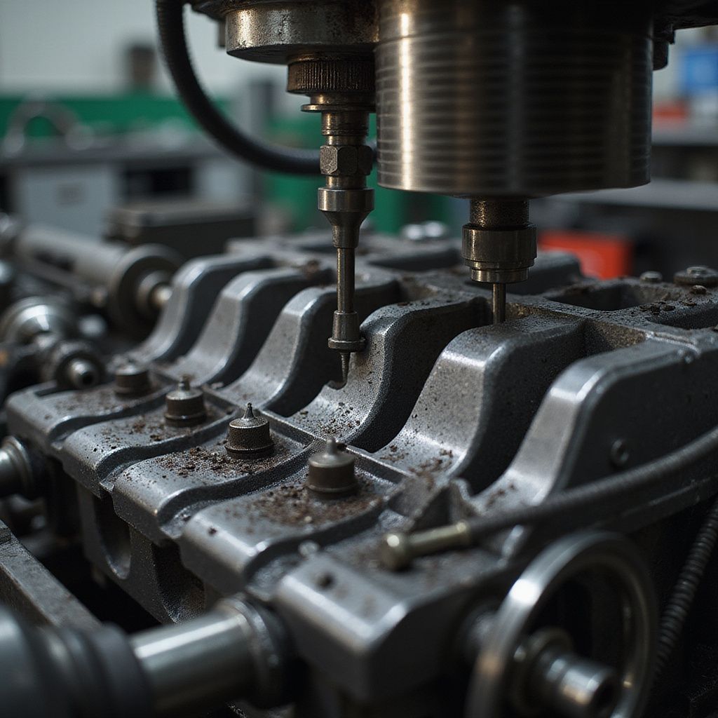 Close-up of a metal machine with multiple drill bits piercing a metal component in a workshop.