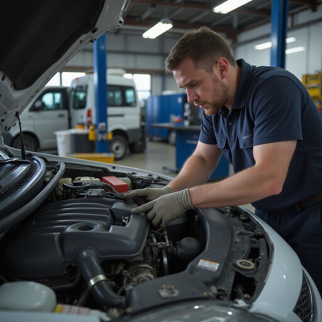 Mechanic working on a car engine in a garage; inspecting with gloves.