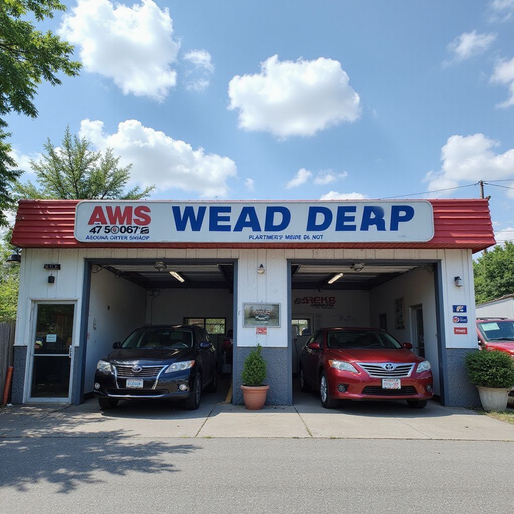 Two-bay auto shop with cars inside, red roof, and sign reading 
