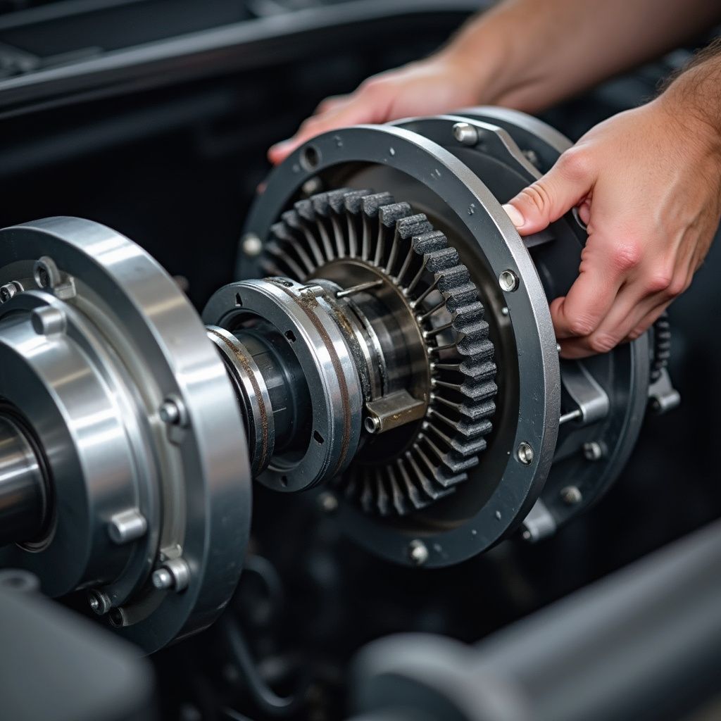 Hands assembling a metal mechanical component with gears and bolts.