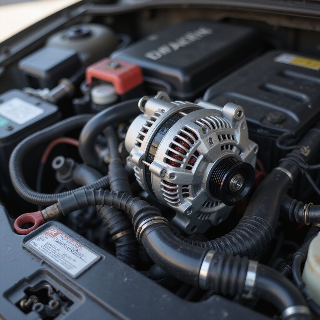 Car engine bay with a new silver alternator.