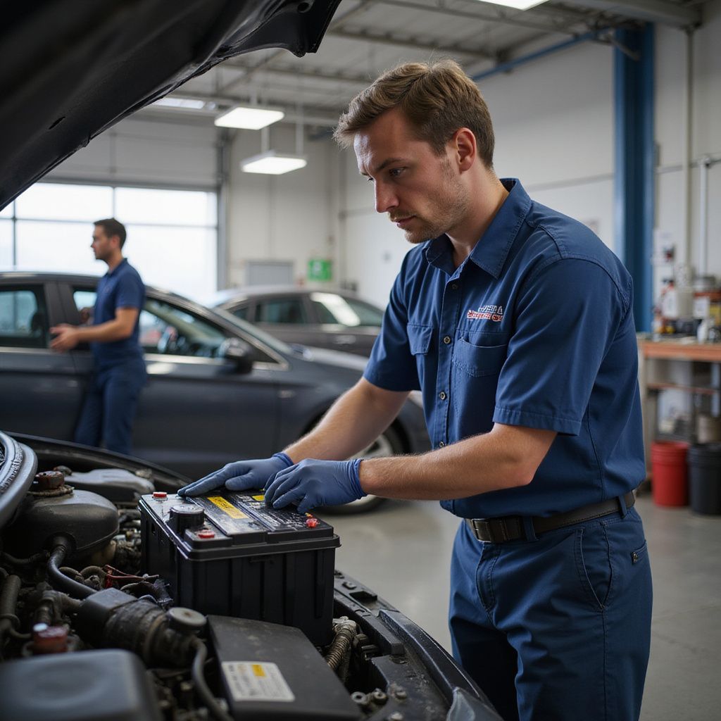 Mechanic in blue uniform working on car battery in a shop. Another person in background.