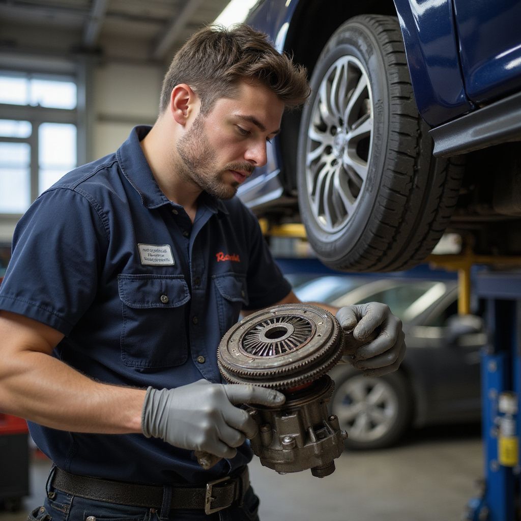 Mechanic examining clutch assembly under a car on a lift in a garage.