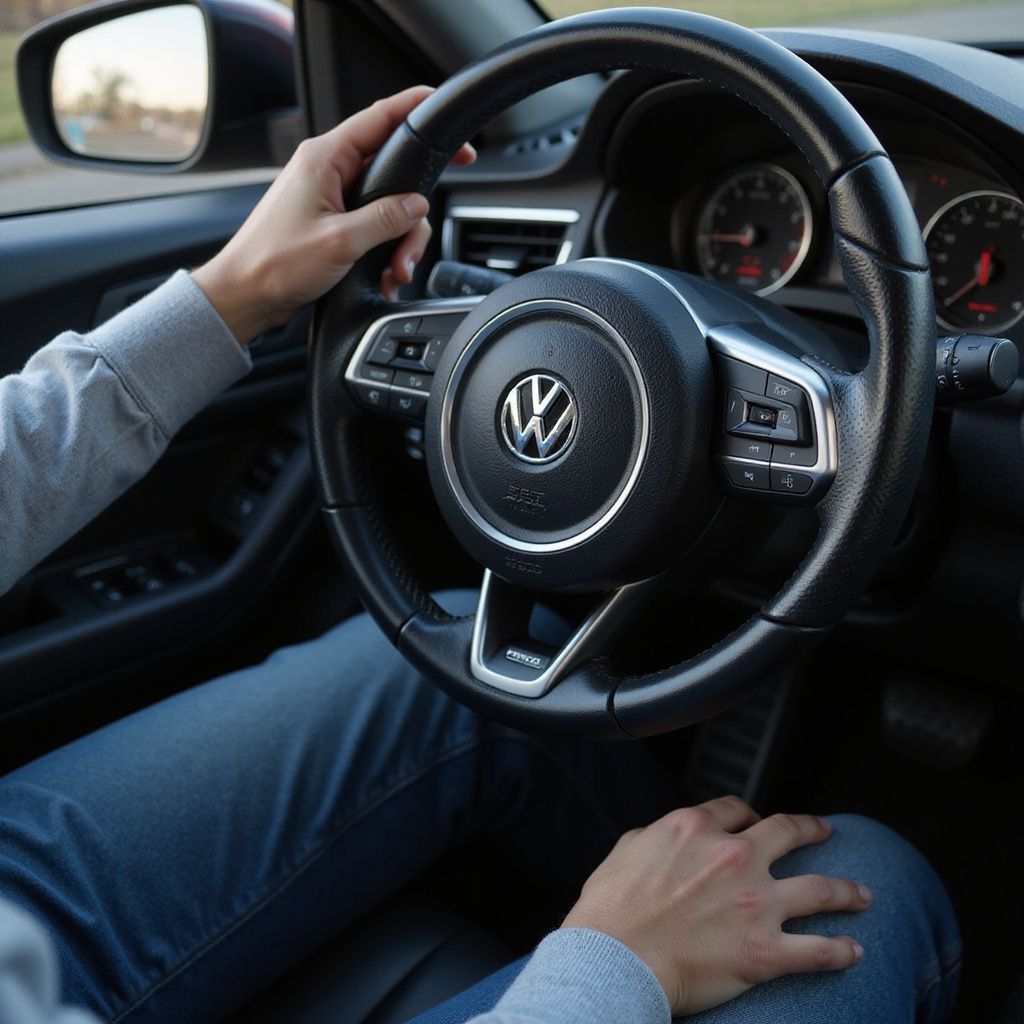 Person's hands on Volkswagen steering wheel inside car, holding wheel and resting on lap.