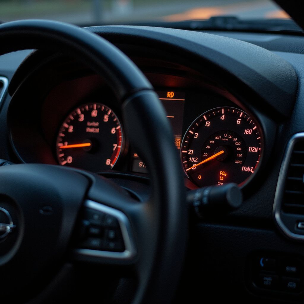 Dashboard of a car with illuminated gauges and steering wheel. Orange dials on black background.