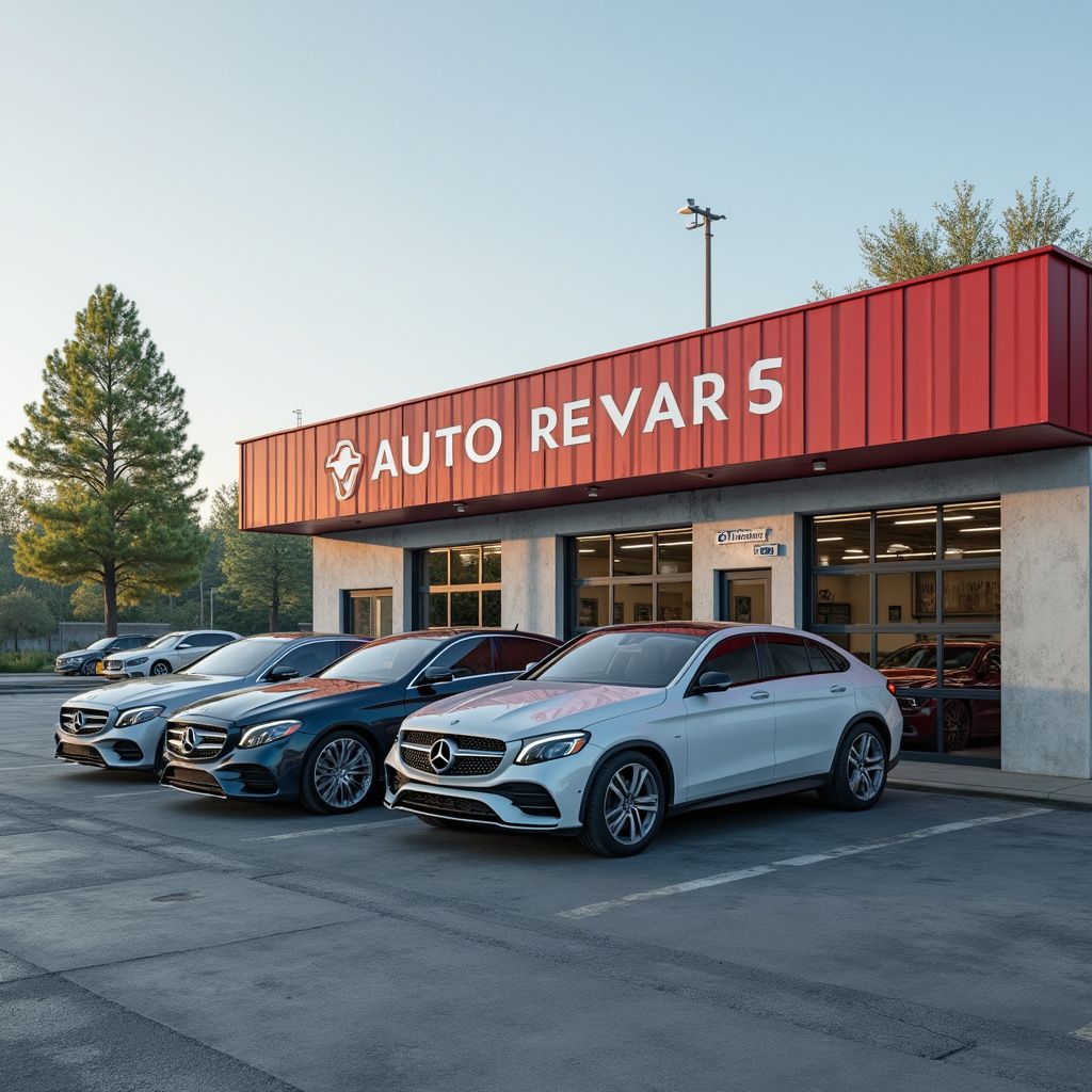 Mercedes-Benz vehicles parked in front of the 