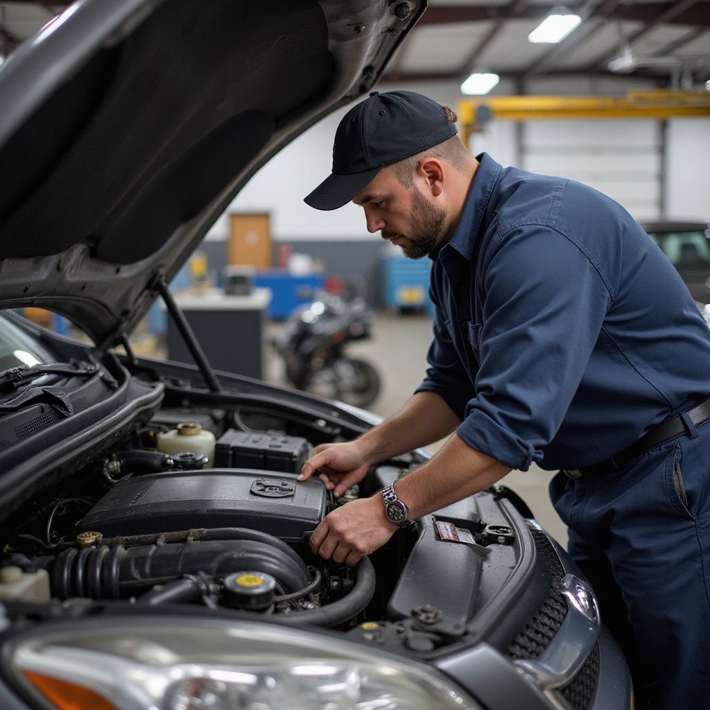 Mechanic in blue uniform and cap inspects engine bay of a car in a garage.