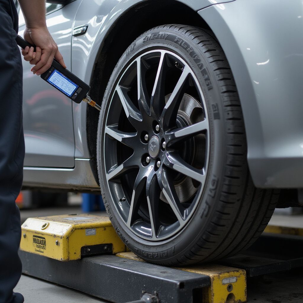 Person checking a car tire pressure with a digital gauge. Gray car, black rim, setting is a shop.