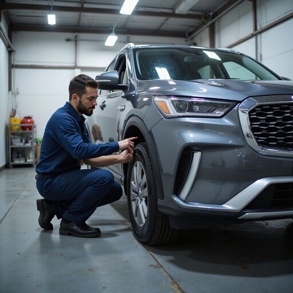Mechanic checking tire on a gray SUV in a garage.