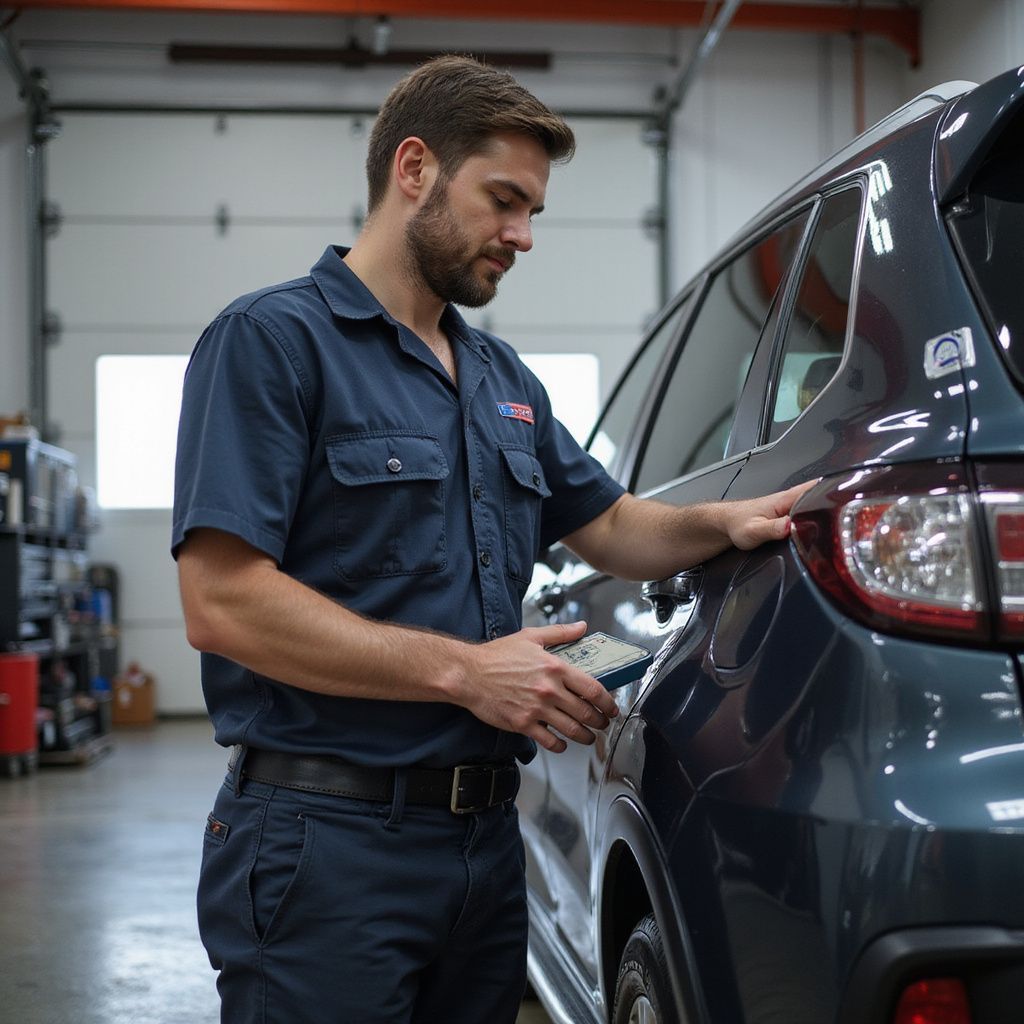 Mechanic inspecting a blue SUV in a garage, wearing a navy uniform.