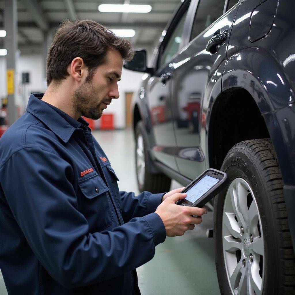 Mechanic in blue uniform uses a tablet to inspect a tire on a dark-colored SUV in a garage.