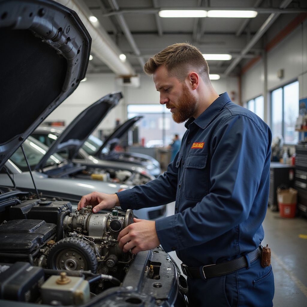 Mechanic in blue uniform inspects engine in a garage with other cars.
