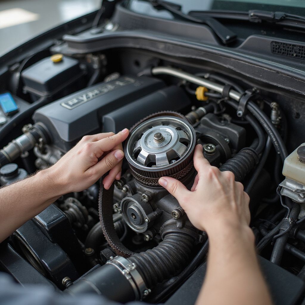 Hands working on a car engine, positioning a belt around a pulley.