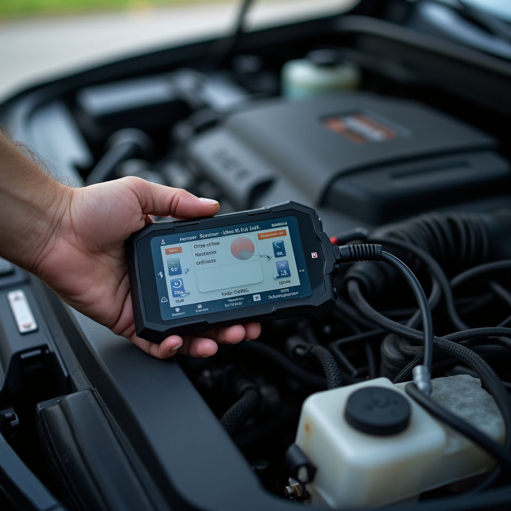 Hand holding a diagnostic scan tool near a car engine, screen displays vehicle information.