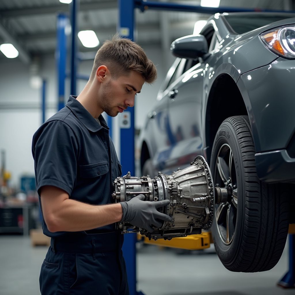 Mechanic holding a car transmission in a garage, vehicle raised on a lift.