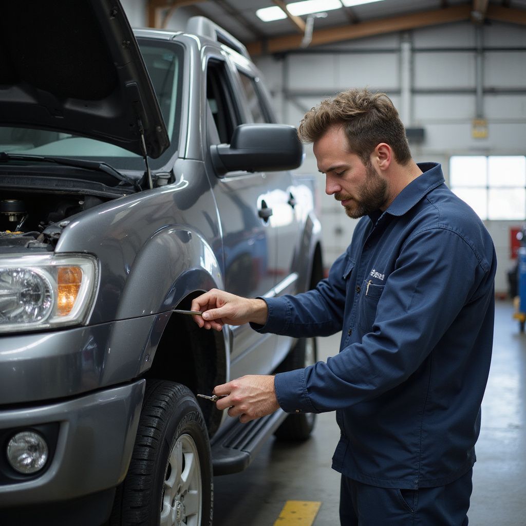 Mechanic working on a gray truck in a garage; he is inspecting the wheel well.