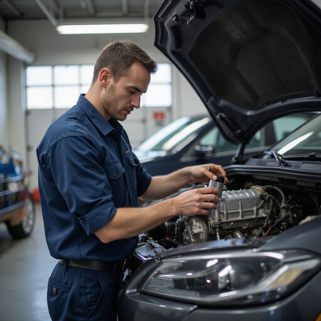 Mechanic in blue uniform inspects car engine in a garage; hood open.
