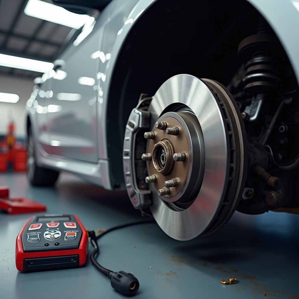 Car brake rotor being inspected in a garage; red diagnostic tool on floor.