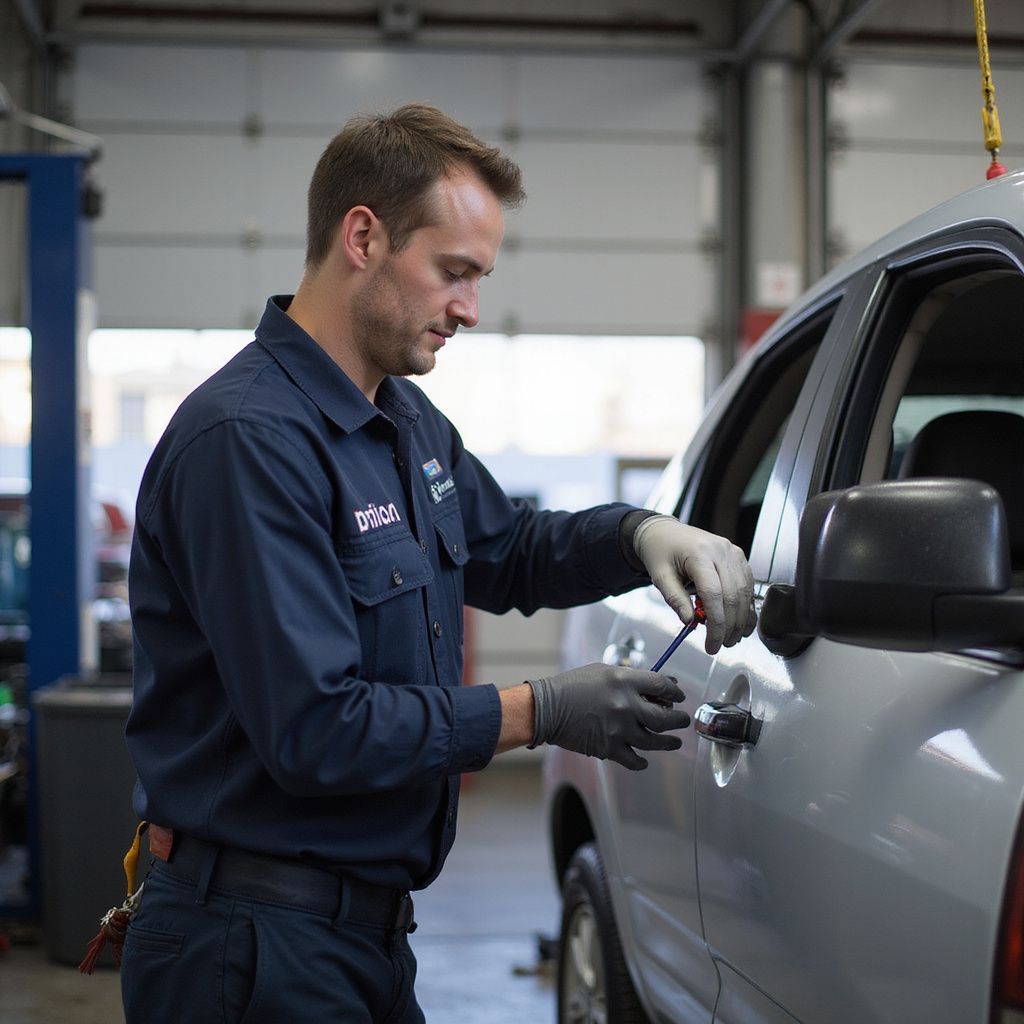 Mechanic working on a car door with a screwdriver in a repair shop.
