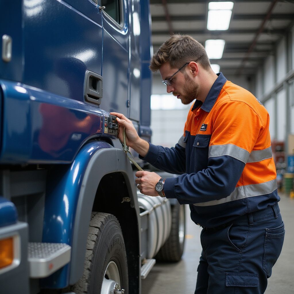 Mechanic in orange and blue uniform inspecting a blue truck in a garage.