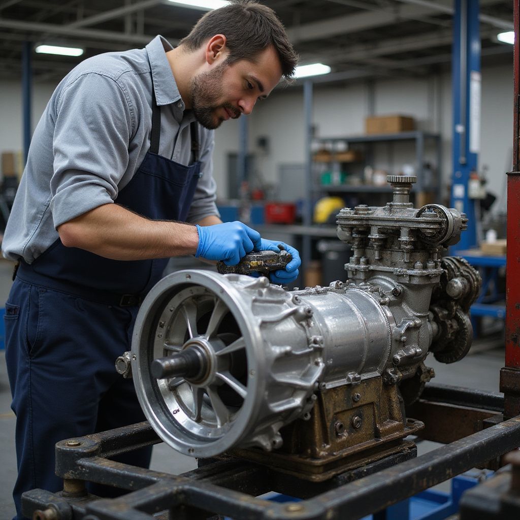 Mechanic in a workshop wearing blue gloves working on an engine.