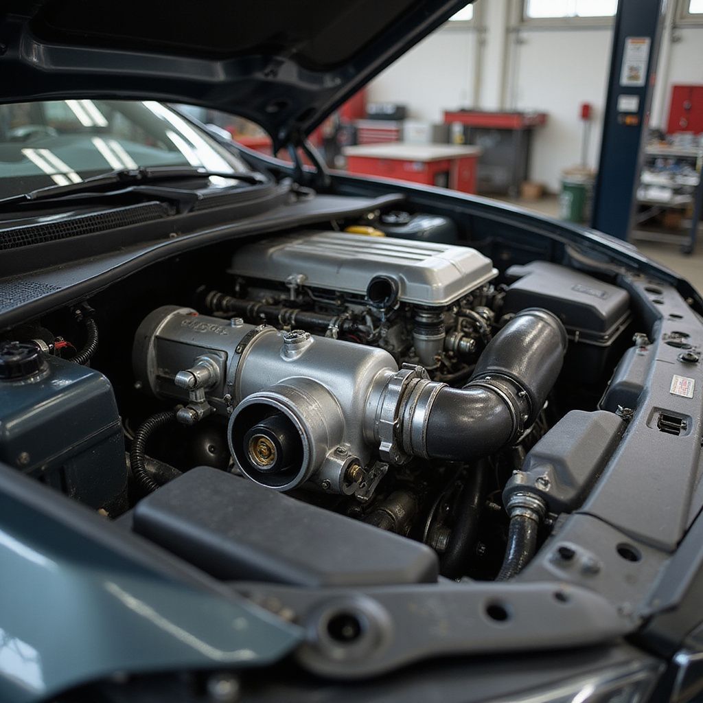 Car engine bay with open hood, showing a modified engine with metal components and black hoses.