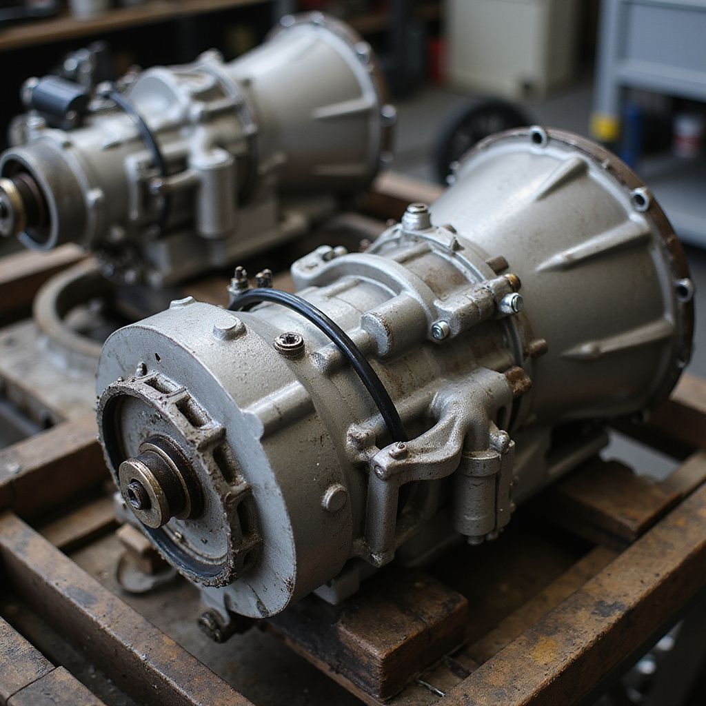 Two metallic, industrial-looking gearboxes on a wooden surface, one in focus, the other blurred in the background.