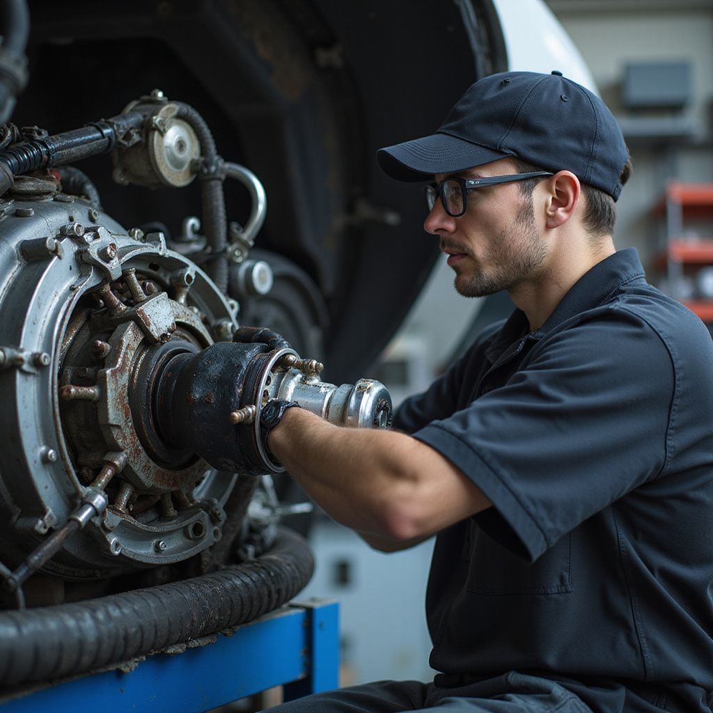 Mechanic works on large industrial machine, wearing a hat, glasses, and gloves.