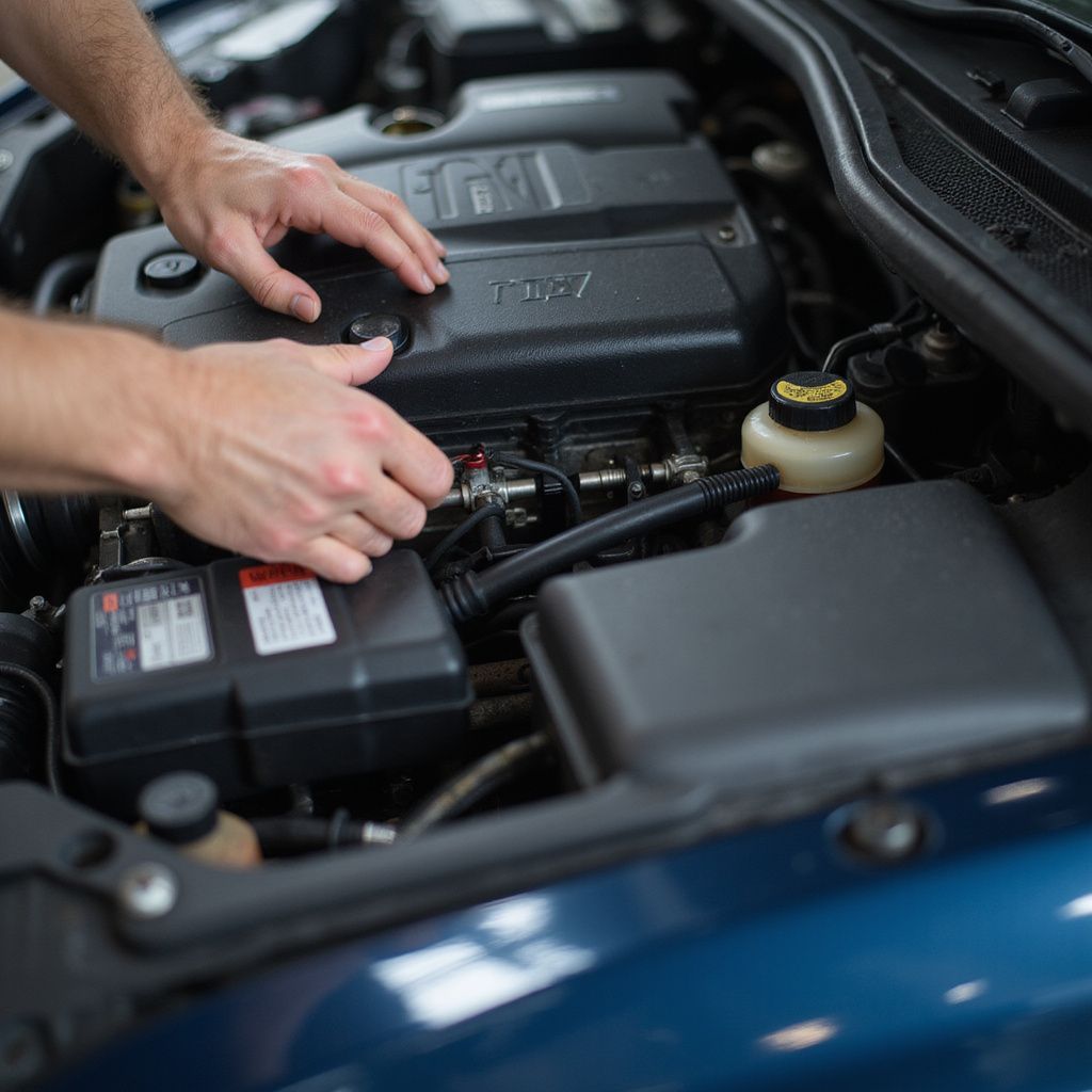 Hands working on a car engine, in a garage.