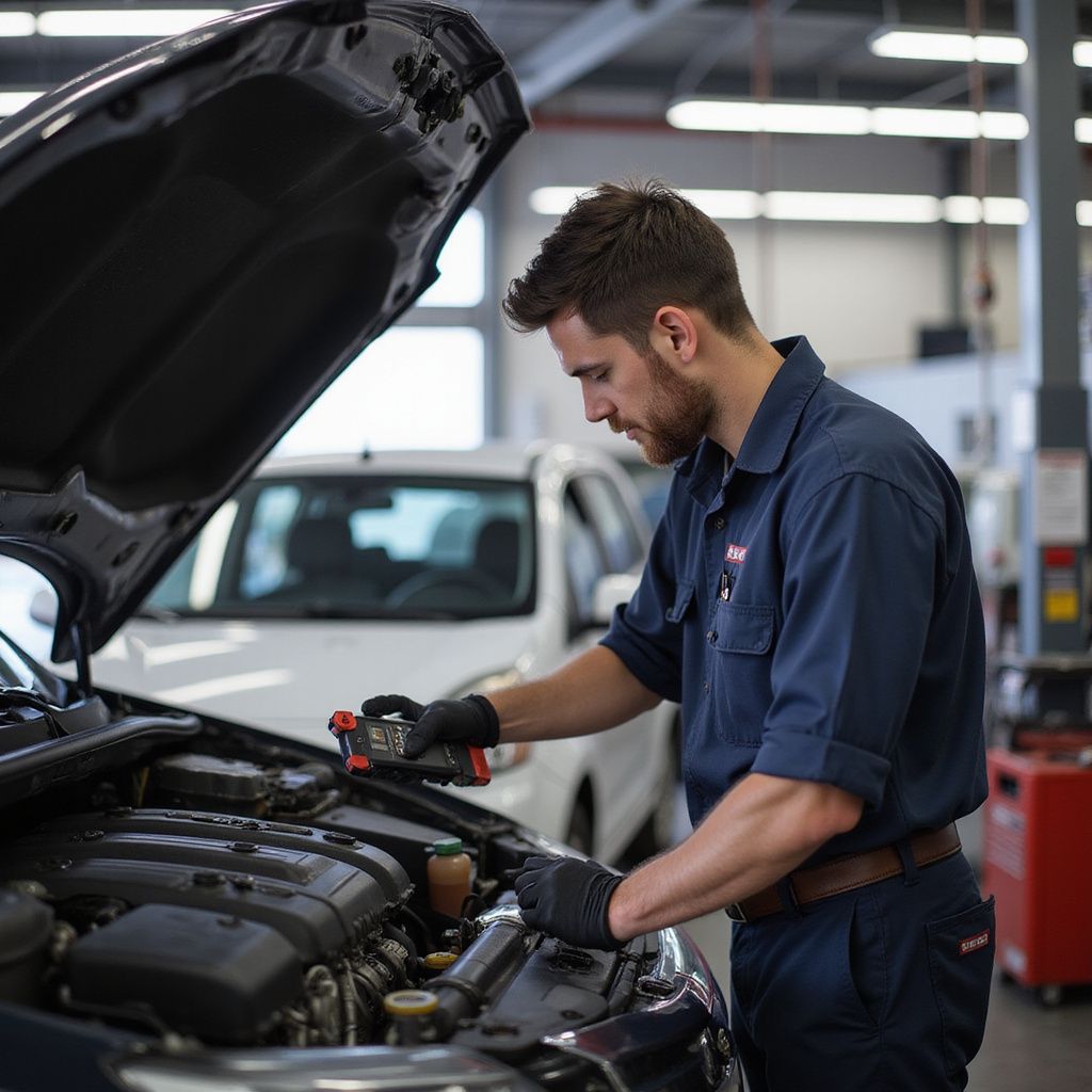 Mechanic in blue uniform inspects car engine with a flashlight in a garage.