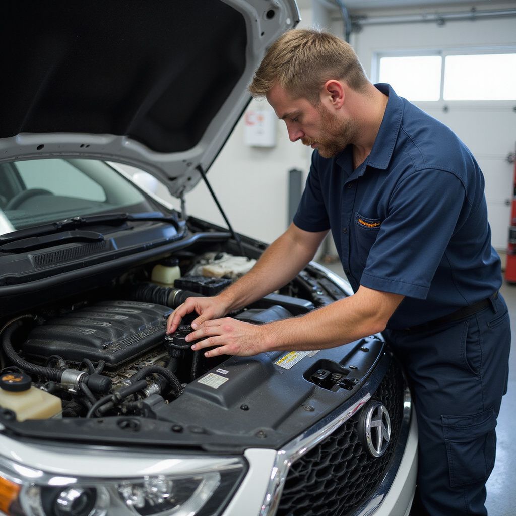 Mechanic working on car engine, open hood, in a garage.