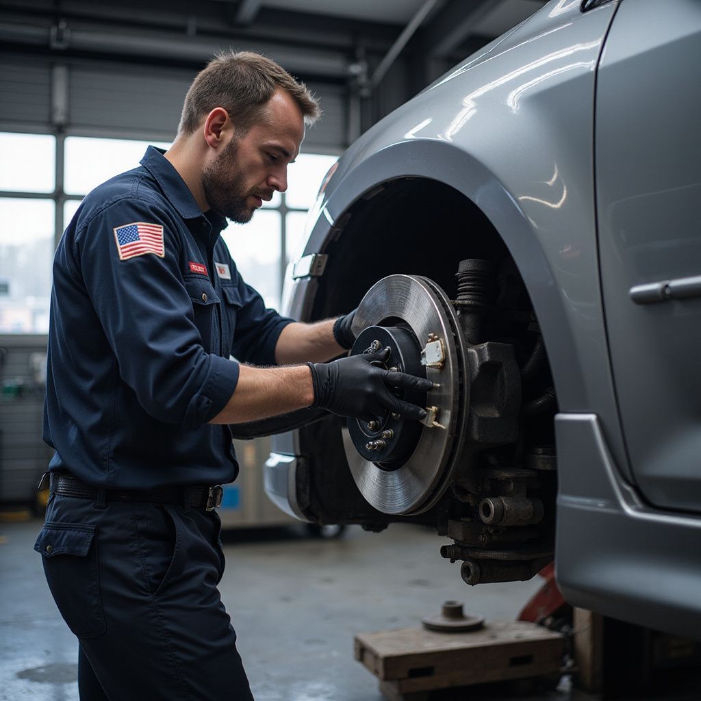Mechanic in a dark blue uniform, working on a car's brakes in a garage.