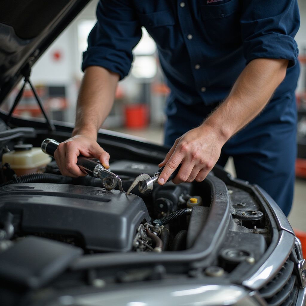 Mechanic working on a car engine with tools in a garage.