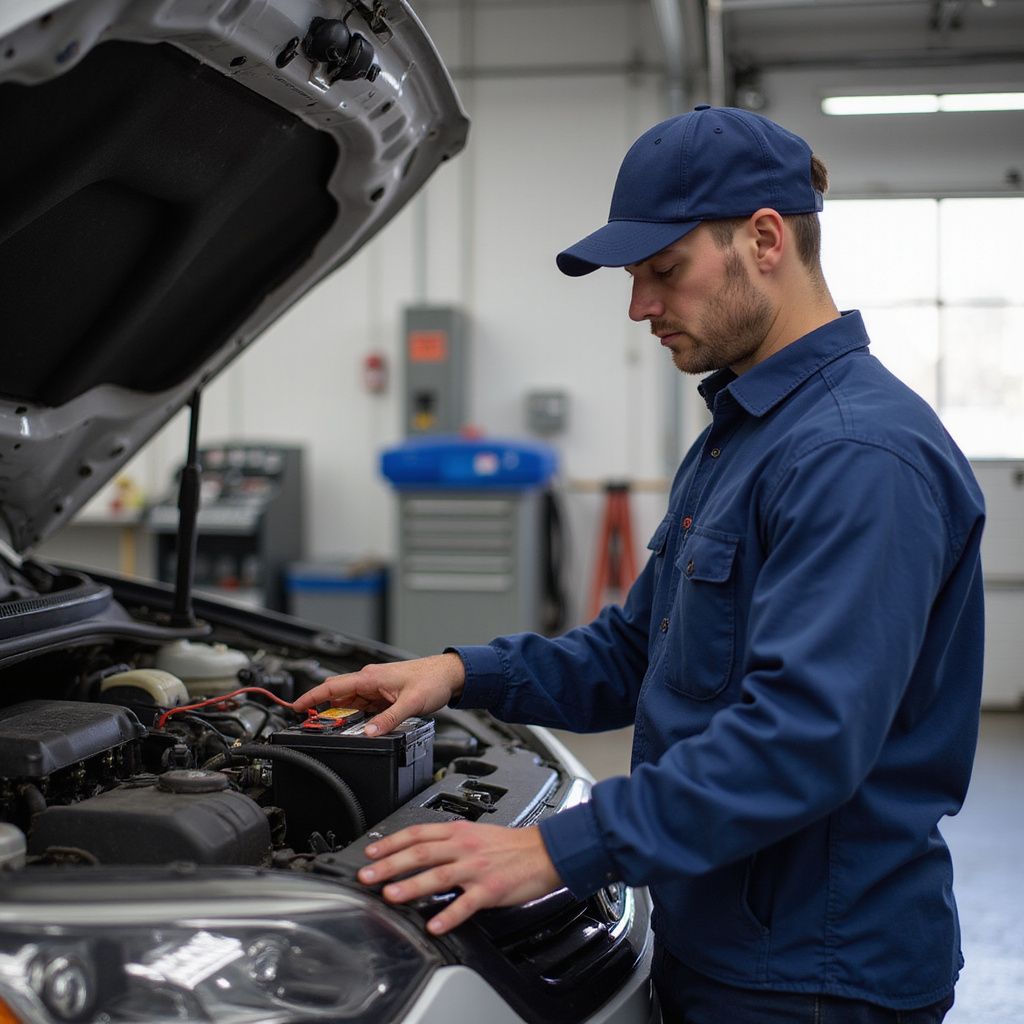 Mechanic in blue uniform inspects car engine in a garage; hood open.