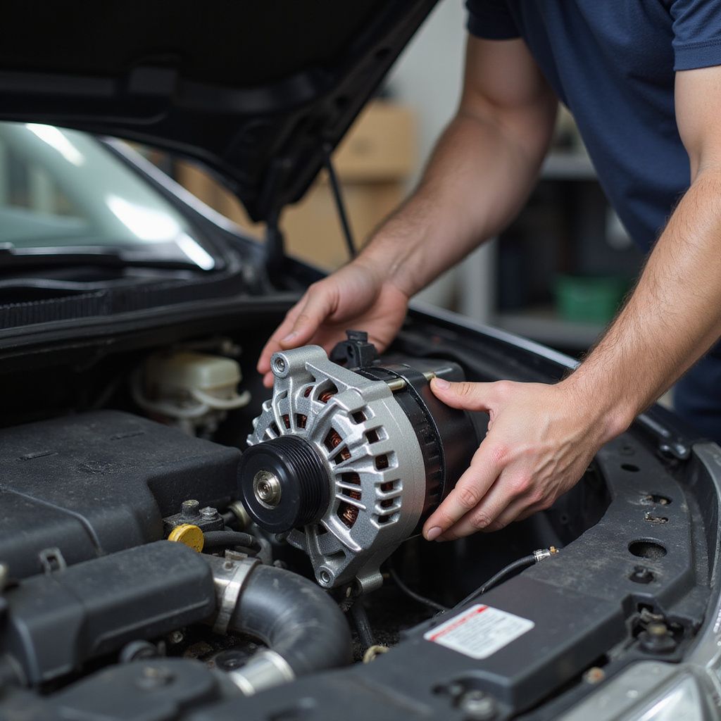 Mechanic installing a car alternator in an engine bay.