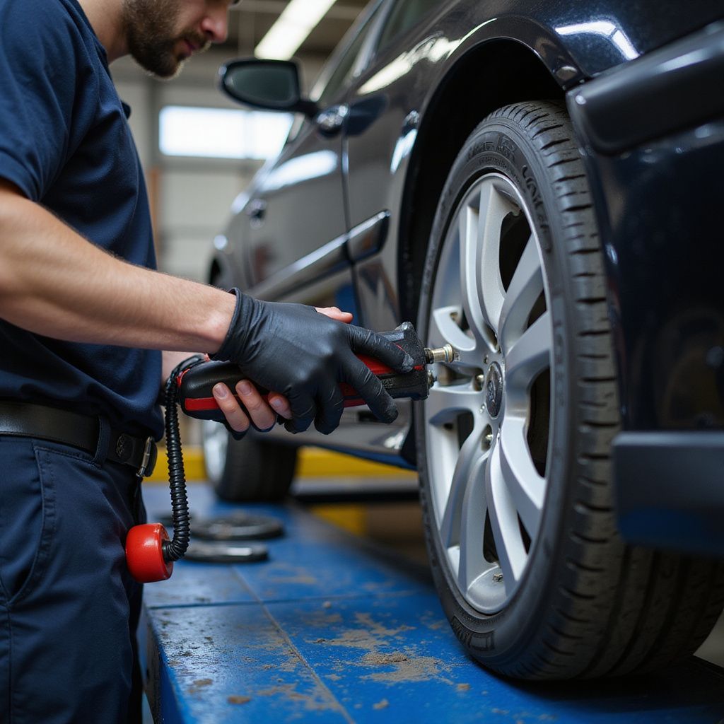 Mechanic using an impact wrench on a car tire in a garage.