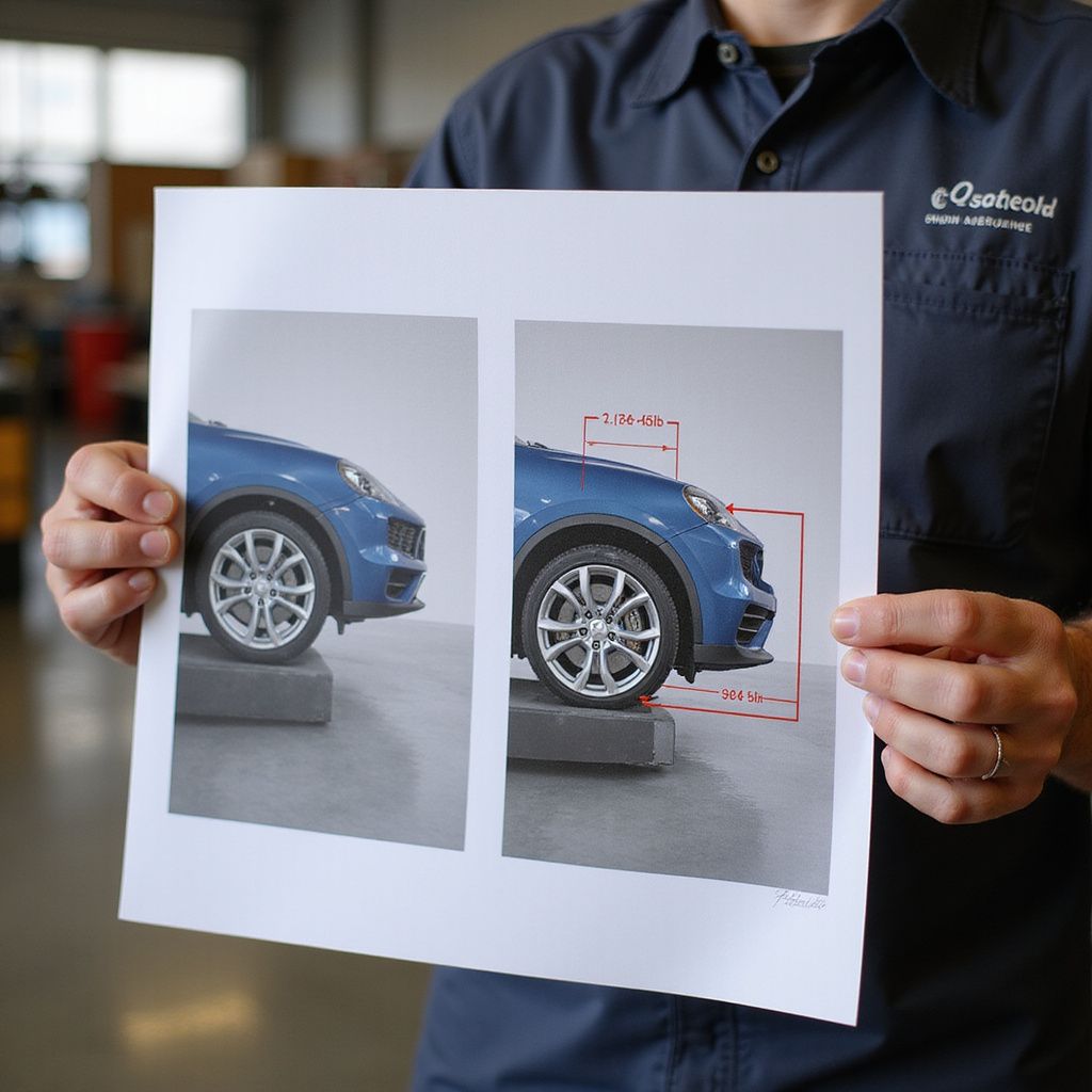 Person holding a print showing a blue car's wheel with labeled measurements. White background.