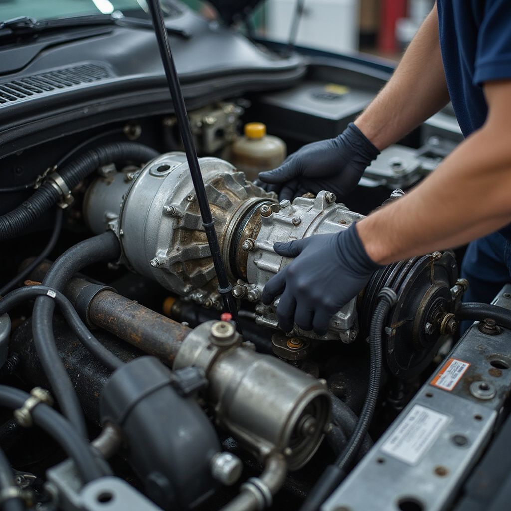 Mechanic in blue shirt and gloves working on a car engine.