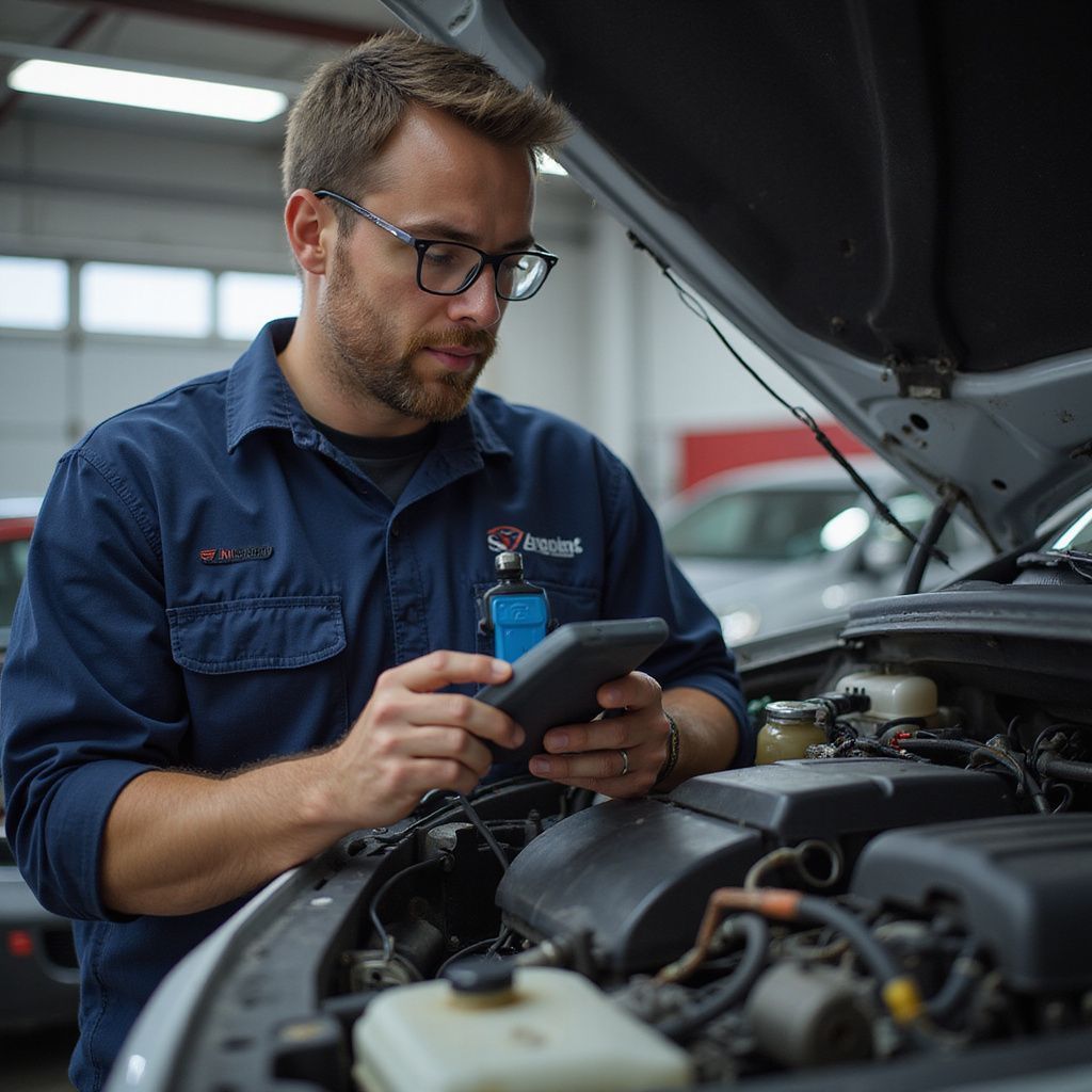 Mechanic in blue shirt using a tablet to diagnose a car engine.