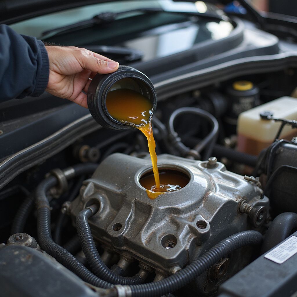 A person pouring oil from a container into a car engine.